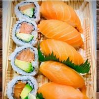 Salmon Deluxe · Five pieces  nigiri, four pieces  roll, five pieces  salmon nigiri, four  pieces  salmon avo...