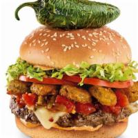 Burnin’ Love Burger® · Fried jalapeño coins, house-made salsa, Pepper-Jack, lettuce, tomatoes and chipotle aioli.. ...
