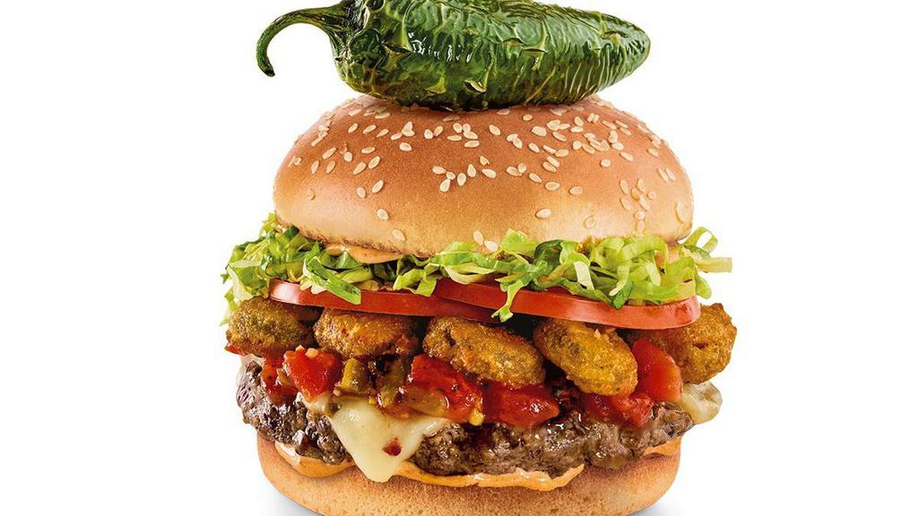 Burnin’ Love Burger® · Fried jalapeño coins, house-made salsa, Pepper-Jack, lettuce, tomatoes and chipotle aioli.. Also available with grilled chicken.