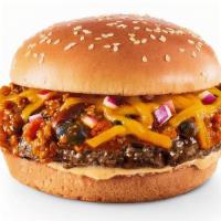 Chili Chili™ Cheeseburger · Red's Chili Chili™, Cheddar cheese, chipotle aioli, and red onions. Served open-faced.