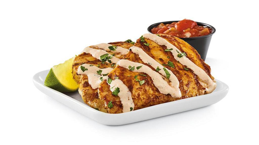 Ensenada Chicken™ Platter · One or two ancho-grilled chicken breasts, house-made salsa and salsa-ranch dressing. Served with choice of side.