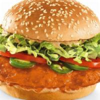 New! Buzzin' Chicken Sandwich · Crispy chicken breast tossed in Buzz Sauce, topped with fresh jalapeño slices, lettuce, toma...