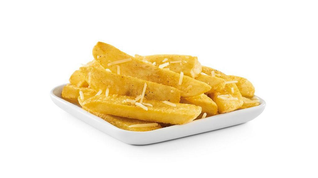 Garlic Fries · Thick cut and fried to perfection with garlic Parmesan butter and shredded Parmesan cheese.