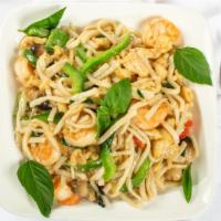 Mee Ga-Ti · Spicy. Spicy stir fried coconut noodles with chicken, baby shrimp, pepper mushroom, bean spr...