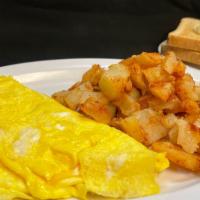 Garden Omelette Platter · (Mushrooms, green peppers, tomatoes, onions) served with home-fries and buttered white toast.