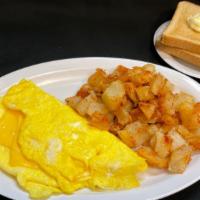 Sausage, Potato, & Pepperjack Cheese Omelette Platter · Served with home-fries and buttered white toast.