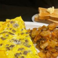 Steak Egg & Cheese Omelette Platter · Served with home-fries and buttered white toast.