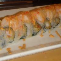Sunshine Daydream Roll · Shrimp tempura inside with spicy lobster on top.