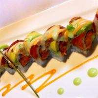 Fast And Furious Roll · Crunchy spicy tuna and cucumber inside. Topped with pepper tuna and avocado. Served with che...