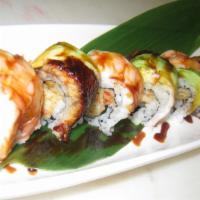 Out Of Control Roll · Baby lobster tempura, crunch, and cucumber inside. Topped with eel, shrimp, and avocado. Ser...