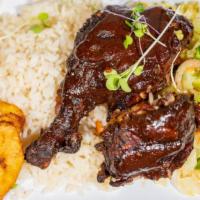 Kingston Jerk Chicken · Jerk Chicken served with jasmine rice, veggie medley & fried plantains.