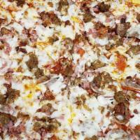 Meat Lovers · Italian Sausage, Pepperoni, Bacon, Ham, Meatballs, Pizza Sauce & Mozzarella Cheese.