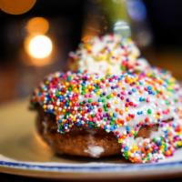 Birthday Cake · Vanilla donut, lemon birthday cake icing, whipped cream, rainbow sprinkles