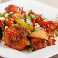 Gobi Manchurian · cauliflower and bell peppers wok tossed in a chili garlic sauce; vegetarian