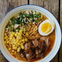 Spicy Miso Ramen · Broth is Pork bone base broth with miso paste, added spicy sesame oil Topped with Slowed coo...