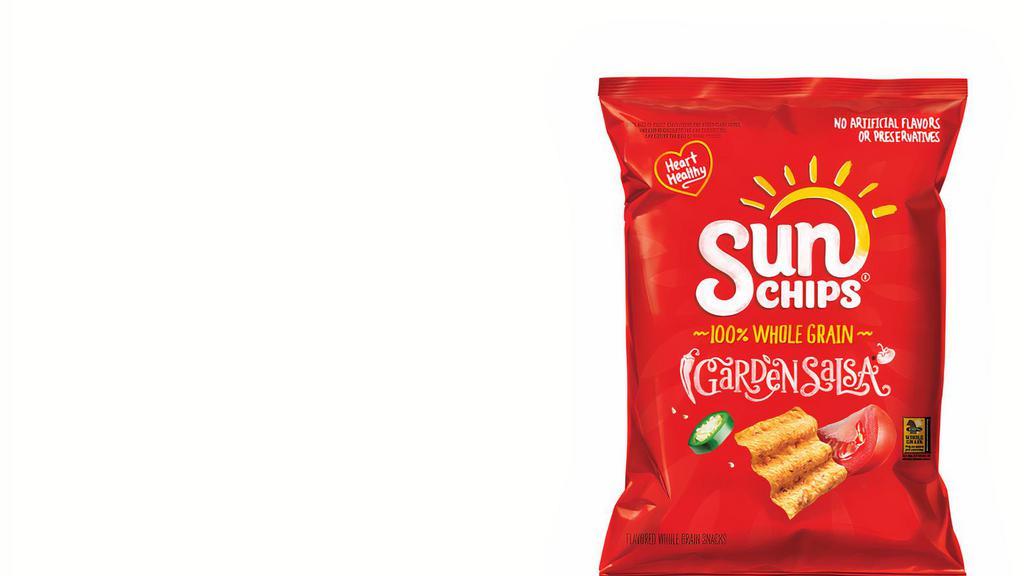Sunchips® Garden Salsa® (210 Cals) · The taste of red tomatoes and green jalapeno peppers delivered right to your mouth on waves of whole grain goodness.