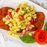 Chicken Milanese With Cucumber Salad · Chicken breaded & pan fried - topped with tomato, cucumber and onion salad.