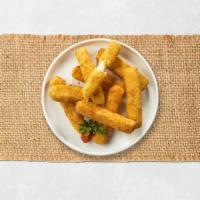 Cheesy Sticks · Mozzarella cheese sticks battered and fried until golden brown. Five pieces.