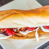 The Bloomfield Ave · Fresh breaded chicken cutlet, fresh mozzarella, homemade roasted peppers topped with balsami...
