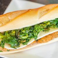 The Nikki Newark · Fresh chicken cutlet, provolone topped of with broccoli rabe.