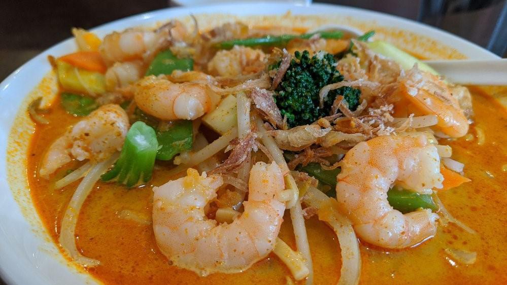 Prawn Mee · Spicy. Egg noodles, pork, shrimp, bean sprout in spicy shrimp broth.