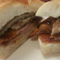 Grease Trap · Bacon, pork roll, sausage and hash browns on a roll.