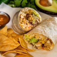 Chicken Burritos · Flour tortilla filled with rice, beans, cheese, lettuce, red sauce, and sour cream.