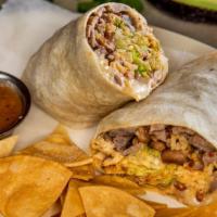 Steak Burritos · Flour tortilla filled with rice, beans, cheese, lettuce, red sauce, and sour cream.