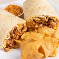 Spicy Pork Burritos · Flour tortilla filled with rice, beans, cheese, lettuce, red sauce, and sour cream.