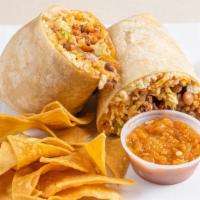 Shrimp Burritos · Flour tortilla filled with rice, beans, cheese, lettuce, red sauce, and sour cream.