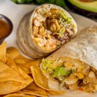 Chicken And Mushrooms Burritos · Flour tortilla filled with rice, beans, cheese, lettuce, red sauce, and sour cream.