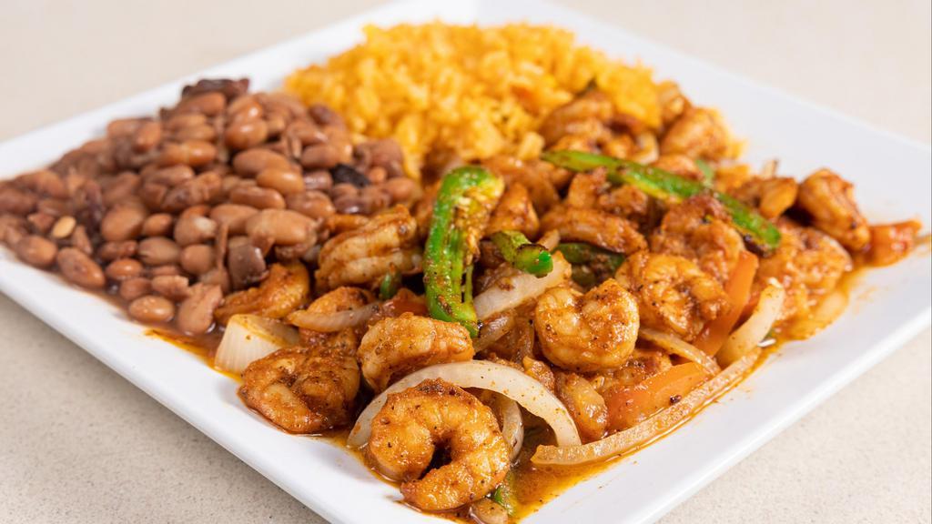 Camaron A La Mexicana · Served with rice and beans. Grilled shrimp with, tomatoes and jalapenos peppers.