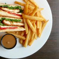 Sinatra · Breaded chicken cutlet, fresh mozzarella, baby arugula, prosciutto, and roasted peppers. ser...