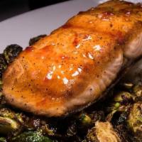 Pan Seared Salmon · Brussel sprouts, rice, and choice of ONE sauce.