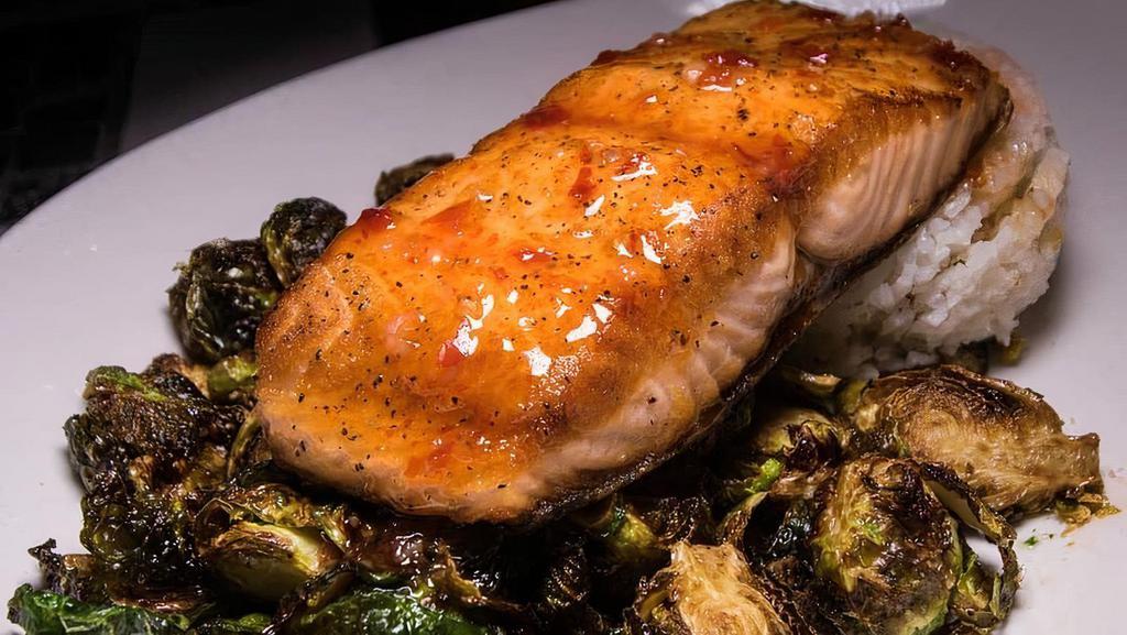 Pan Seared Salmon · Brussel sprouts, rice, and choice of ONE sauce.