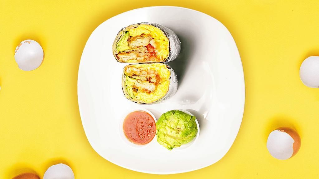 Sweet Home Avocado Breakfast Burrito · Avocado, eggs, tater tots, cheddar cheese, tomatoes and caramelized onions wrapped in a flour tortilla