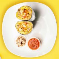 Saucy Sausage Breakfast Burrito · Sausage, tator tots, egg, and  cheddar cheese, tomatoes and caramelized onions wrapped in a ...
