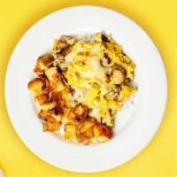 Munch On Shrooms Scramble · Eggs, onions, mozzarella cheese, and mushrooms. Served with home fries.