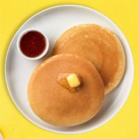 Plain Jane Pancakes · Three fluffy house pancakes cooked with care and love.