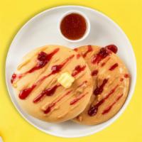 Pb&J Love Affair Pancakes · Fluffy peanut butter and jelly pancakes cooked with care and love served with butter and map...