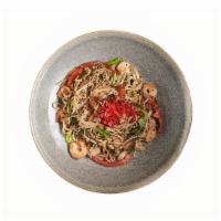 Shrimp Yaki Soba  · soba noodles with shrimp. egg. peppers. beansprouts. onion. scallions