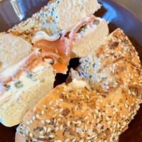 Smoked Salmon Bagel Sandwich · Toasted Bagel with Choice of Cream Cheese, Cucumbers, and Smoked Salmon.