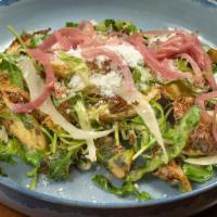 Brussels Sprouts · Crispy brussels sprouts, frisse, pickled red onions, Parmesan, sherry vinaigrette.