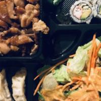 Chicken Bento · Served with chicken gyoza, California roll, and salad.