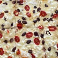 Goat Cheese  · Large. (White Pizza) Fresh mozzarella, Goat Cheese, Kalamata olives, Cherry tomatoes