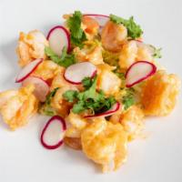Crispy Shrimp · Gluten free. Rice flour fried shrimp, Sriracha sweet chili aioli, cilantro and shaved radish.