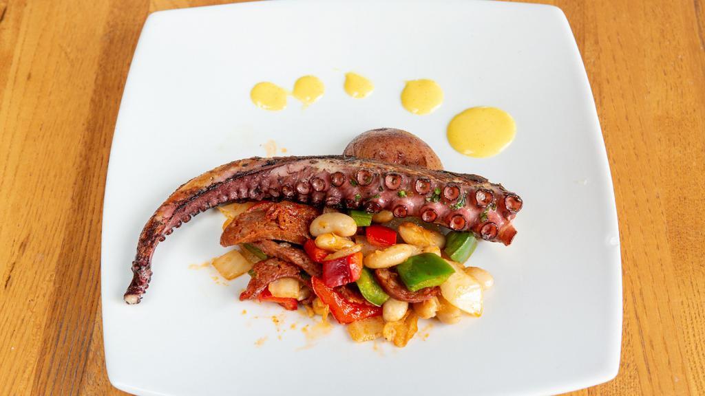 Octopus · Potatoes, Chorizo, Peppers, Onions, White Beans & Lobster Saffron Aioli