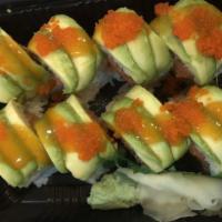 Godzilla Roll · Eight pieces. Spicy tuna & crunch inside, tobiko and avocado  sweet chili sauce on top.