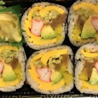 Maki Combo B · Salmon avocado, tuna cucumber and eel avocado rolls.