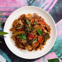 Basil Noodles · Flat rice noodles served with onions and basil and your choice of tofu or vegetables.
